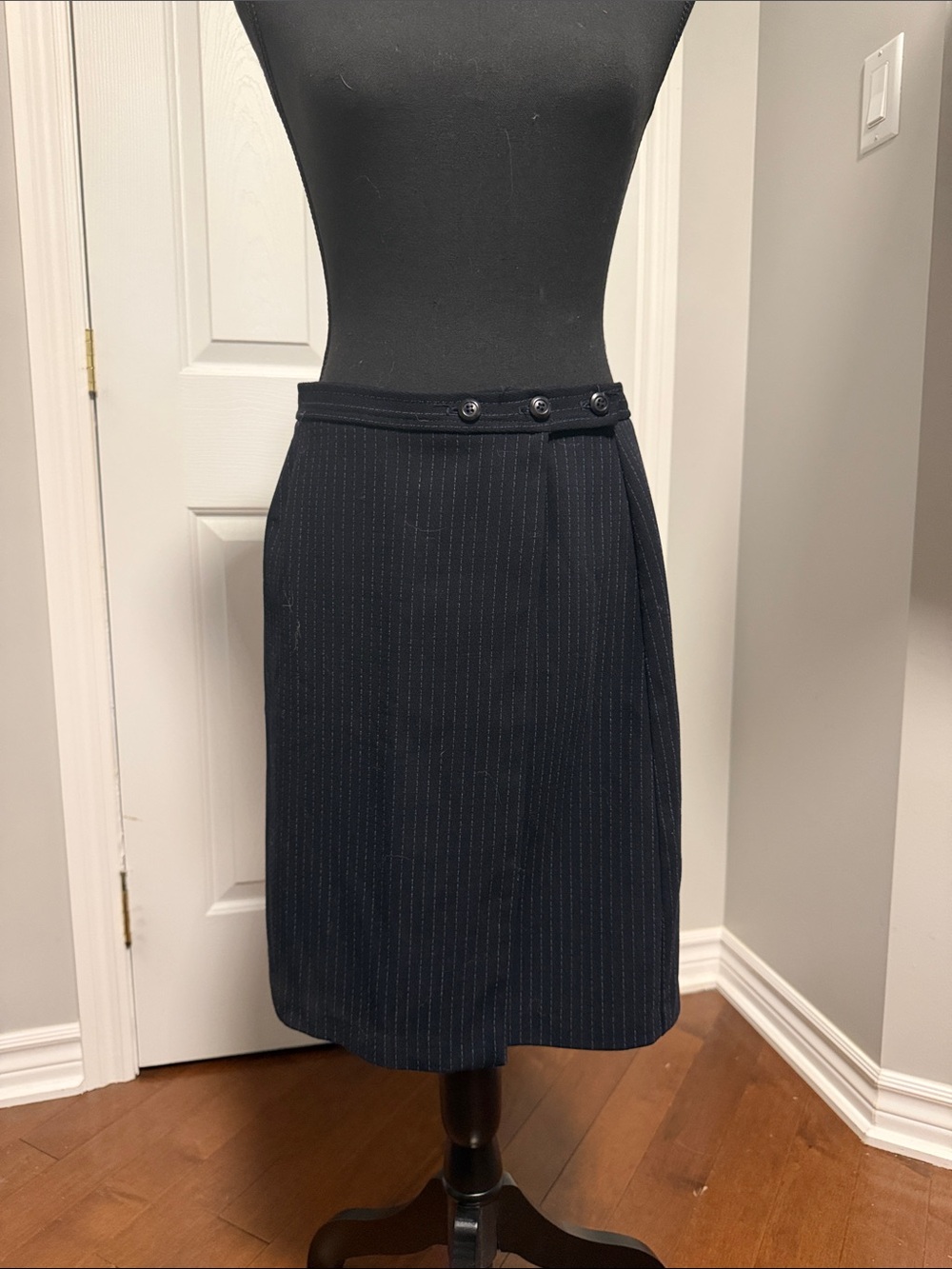 Jacob Navy Pinstripe Pencil Skirt with Button-Detail Waist